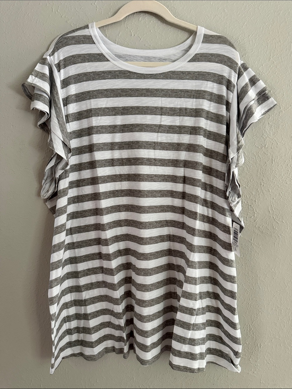 torrid White and Gray Striped Ruffle Sleeve Tee